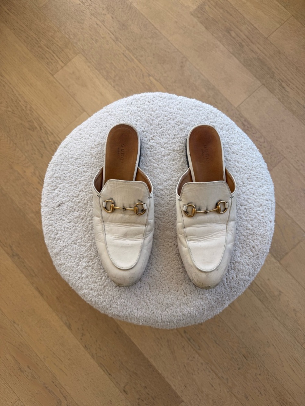 Gucci White Leather Horsebit Backless Mules